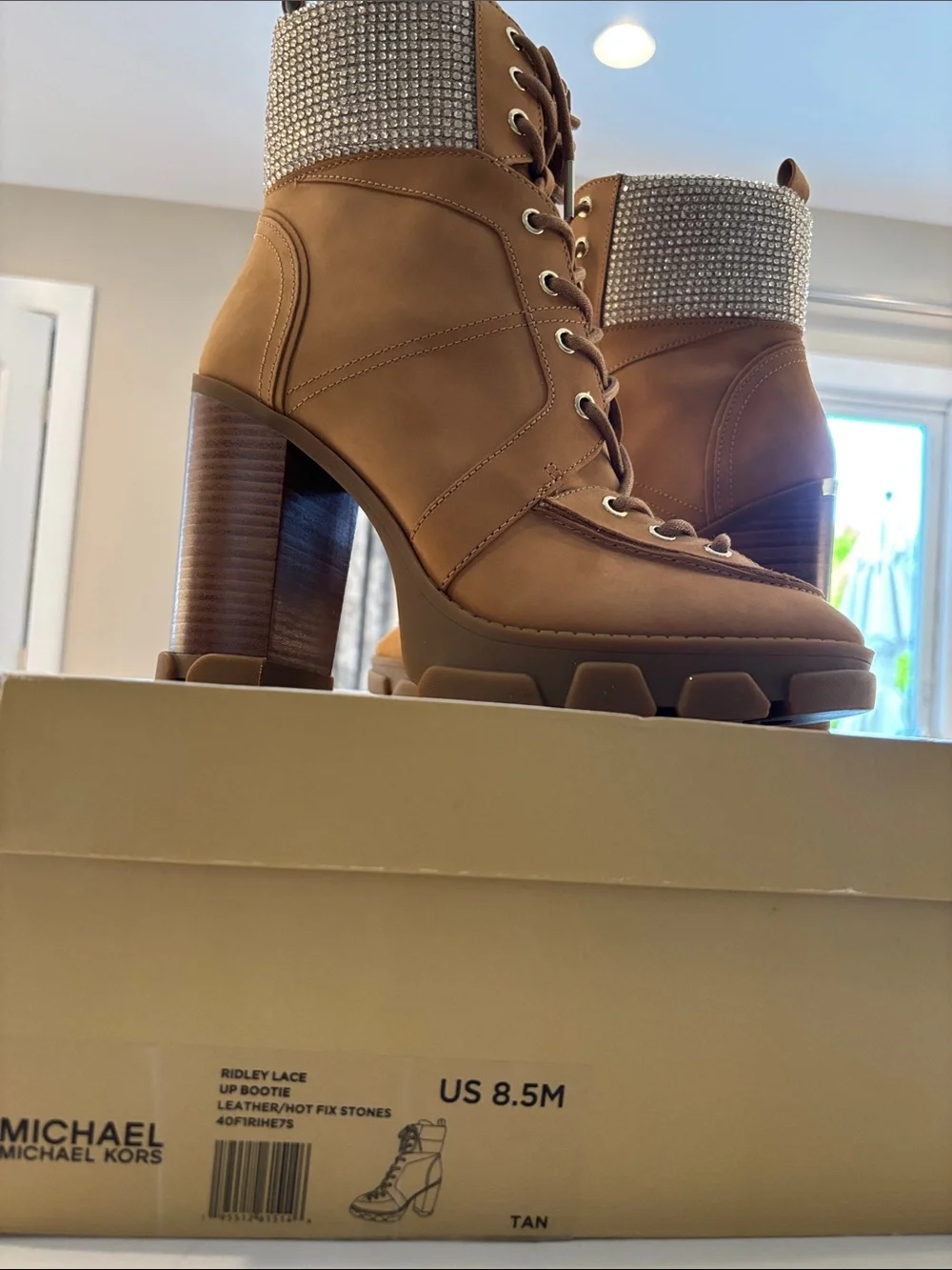 Michael Kors Tan Lace-Up Block Heel Boots with Jeweled Cuff